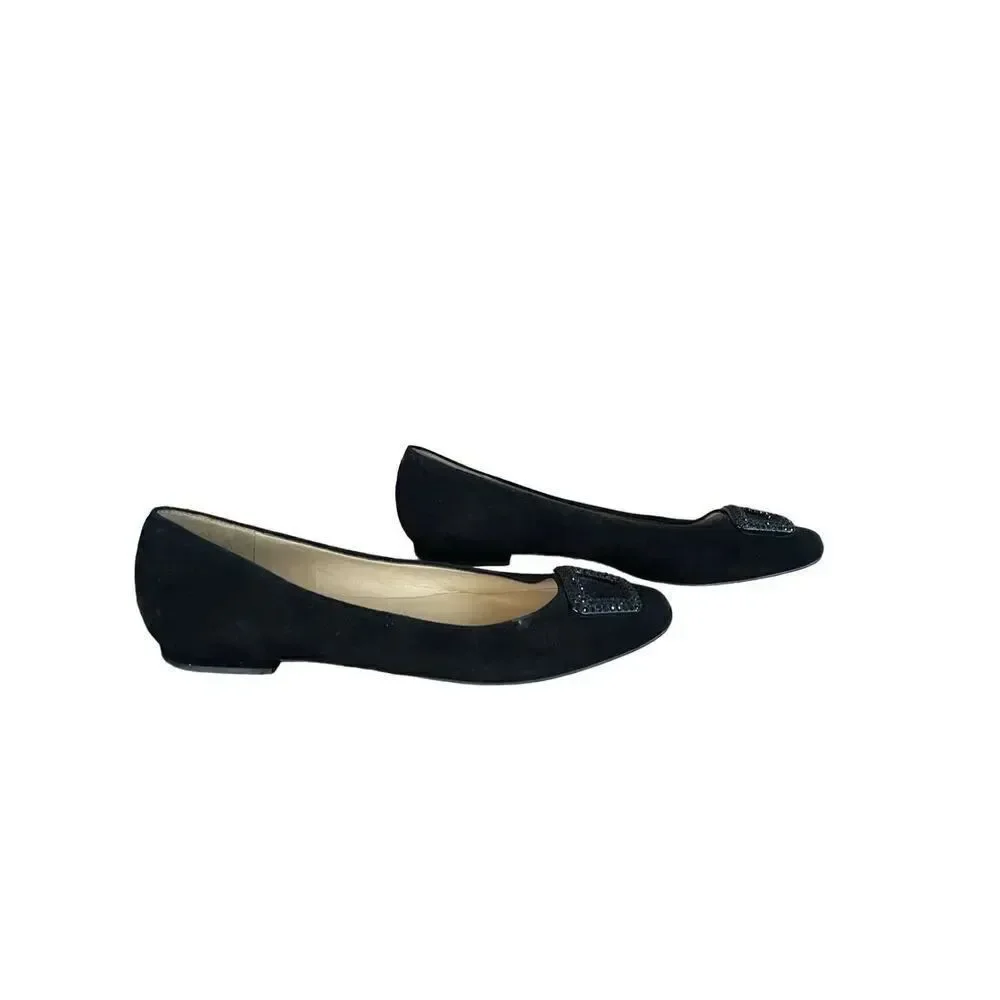 Talbots Womens Black Rhinestone Buckle Slip On Suede Flats Ballet Size 9